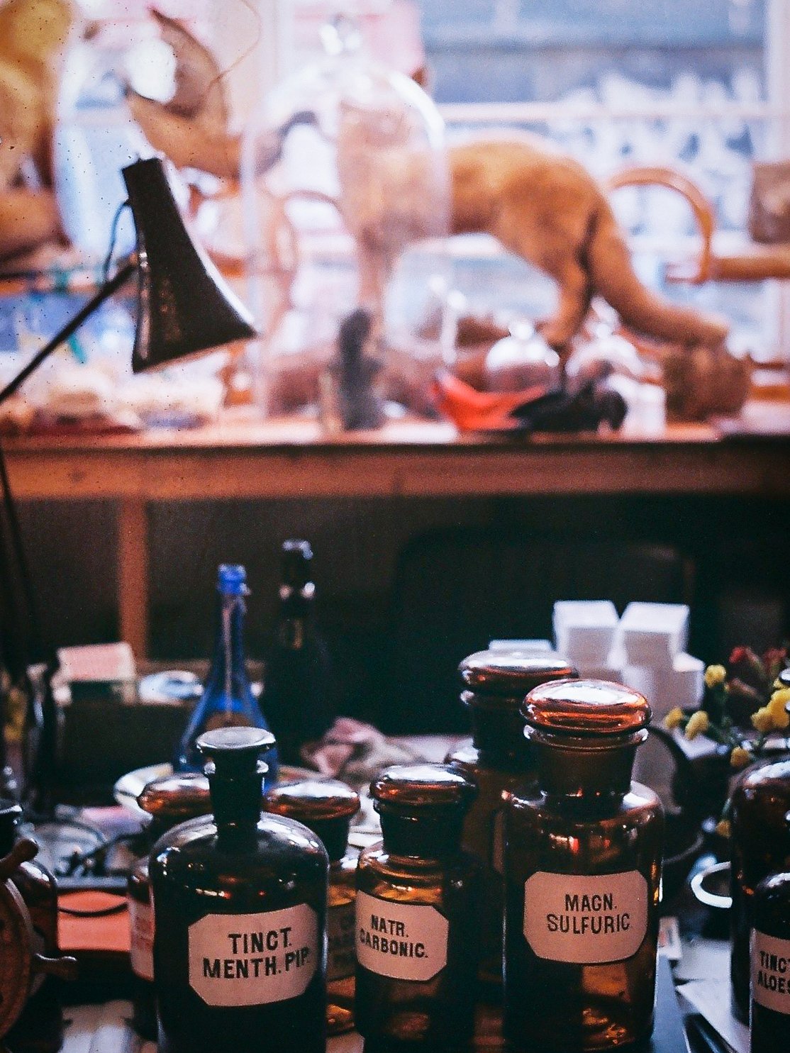A photo of a old chemical jars